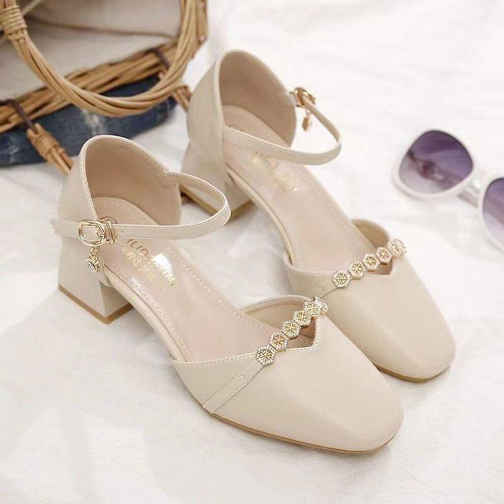 (white, 34) Women&apos;s Casual Chunky High Heels Dress Pumps Summer Office Ankle Strap Shoes For Wedding Party Low Block Heeled Closed Square Toe Sandals For Wom