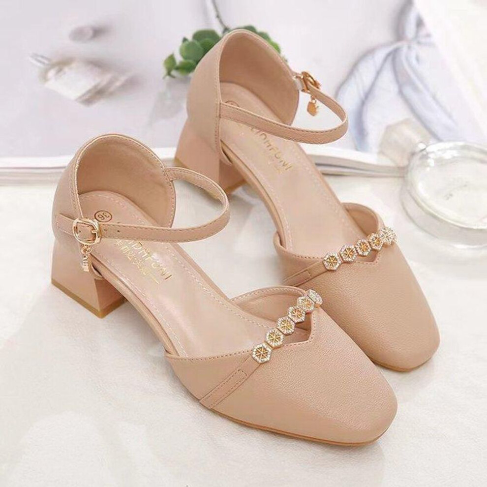 (apricot, 37) Women&apos;s Casual Chunky High Heels Dress Pumps Summer Office Ankle Strap Shoes For Wedding Party Low Block Heeled Closed Square Toe Sandals For Wom