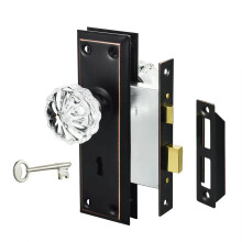 Conjunto de Fechadura Newliplace para Porta Interior, Maçanetas Antigas com Chave, Botões de Vidro, Acabamento Bronze