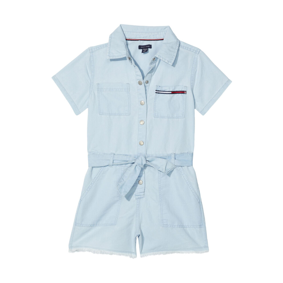 Tommy Hilfiger Girls' Big Kid Denim Romper with Tie Front Belt and Sna