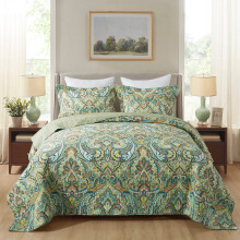 Conjunto de Colcha de Algodão NEWLAKE - Reversível, Padrão Floral Verde Europeu, Tamanho King