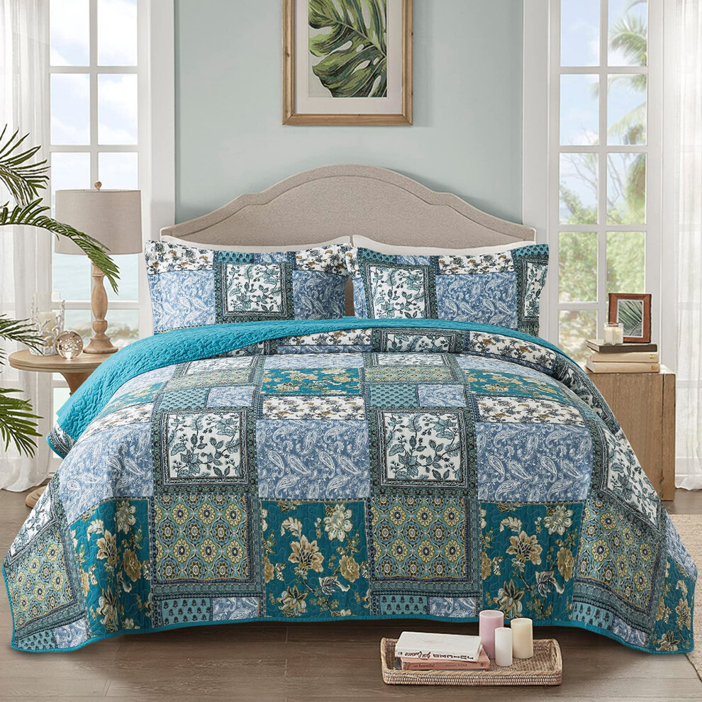 NEWLAKE Cotton Bedspread Quilt Sets-Reversible Patchwork Coverlet Set