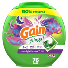 Gain flings Laundry Detergent Soap Pacs  HE Compatible  Long Lasting Scent  Moonlight Breeze Scent  76 Count