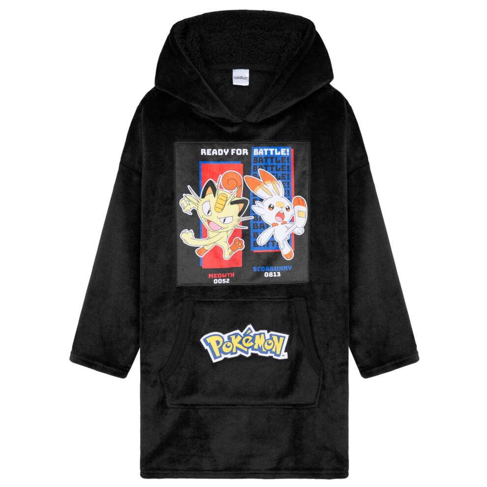 Pokemon Hoodie for Boys Pikachu Oversized Blanket Hoodie Kids Fleece Poncho (Black Meowth/Scorbunny)