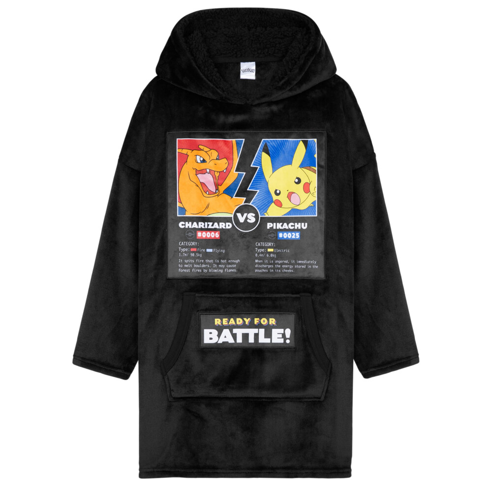 Pokemon Hoodie for Boys Pikachu Oversized Blanket Hoodie Kids Fleece Poncho (Black Charizard/Pikachu)