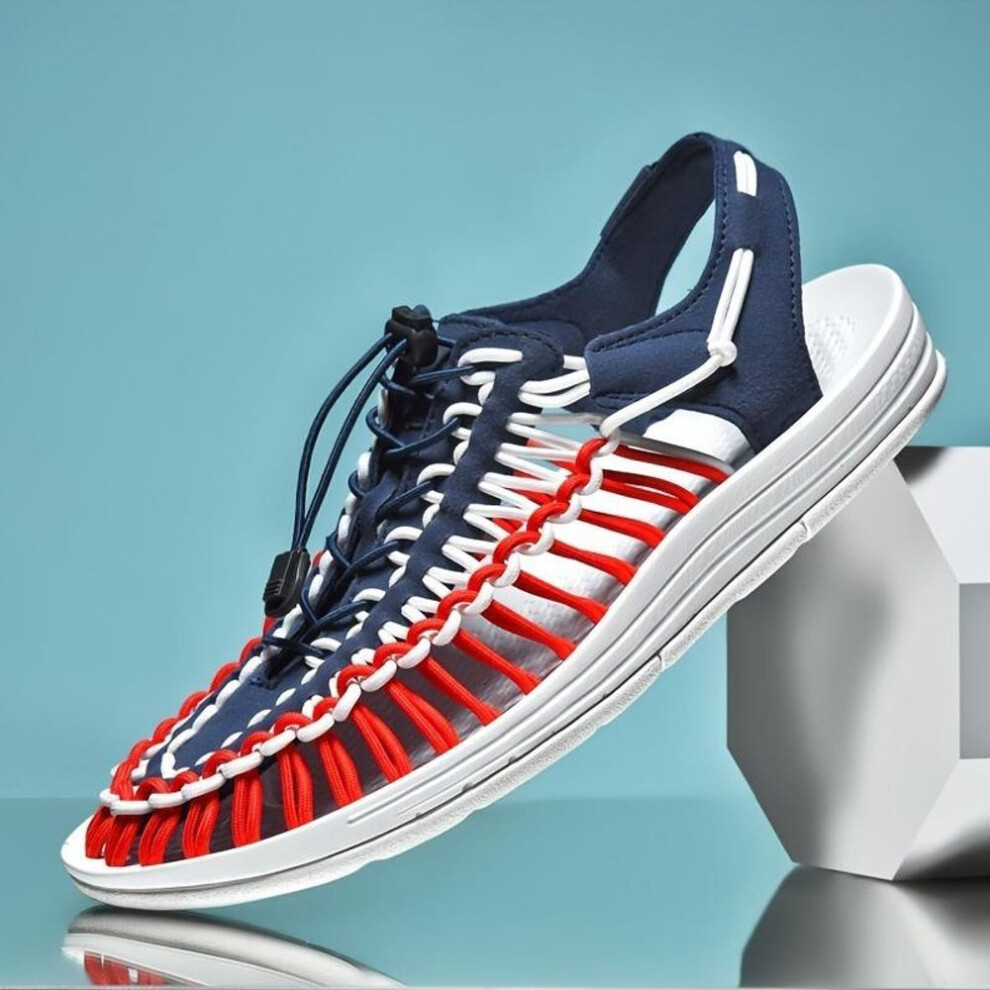 (navy blue, 45) Men's Knitted Closed Toe Summer Sandals, Breathable and Non Slip Shoes with Elastic Shoelaces, Suitable for Outdoor Leisure, Spring and Summer Wear