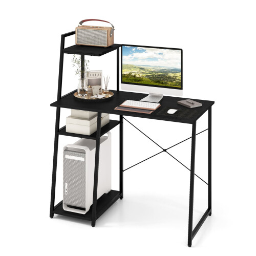 Home Office Desk with 98x50cm Desktop, Side Bookshelf & Host Stand, Heavy-Duty Rustproof Metal, Stable X-Frame, 125kg Capacity
