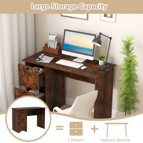 Casart Computer Desk Home Office Writing Study Desk with 2 Drawers-Brown 2