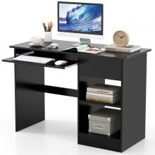 Black Wooden Computer Desk with Adjustable Upper Shelf, Pull-Out Keyboard Tray, 2 Open Shelves and Cable Management