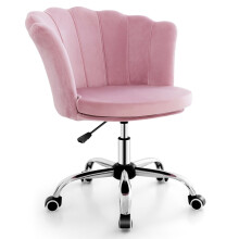 Adjustable Vanity Chair Upholstered Velvet Arm Chair w/Wheels-Pink