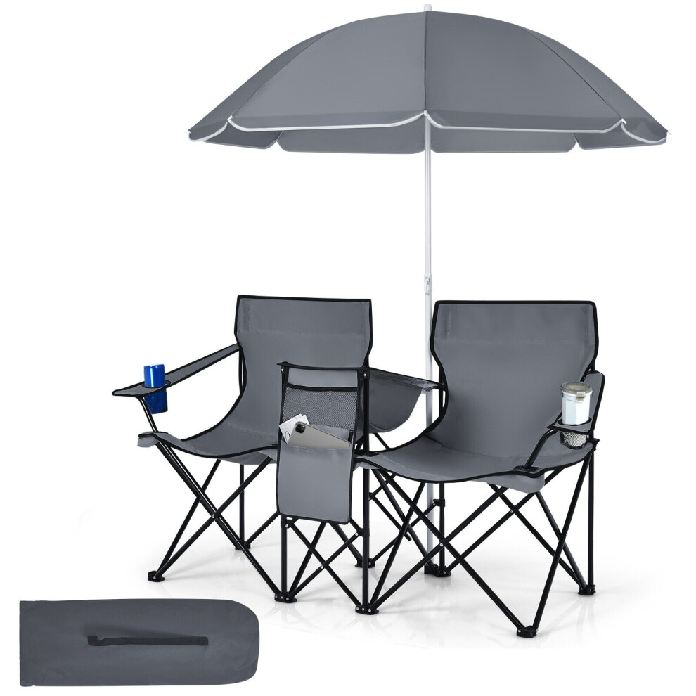 Outdoor Portable Double Camping Chair Folding Picnic Chairs W/ Umbrella Ice Bag