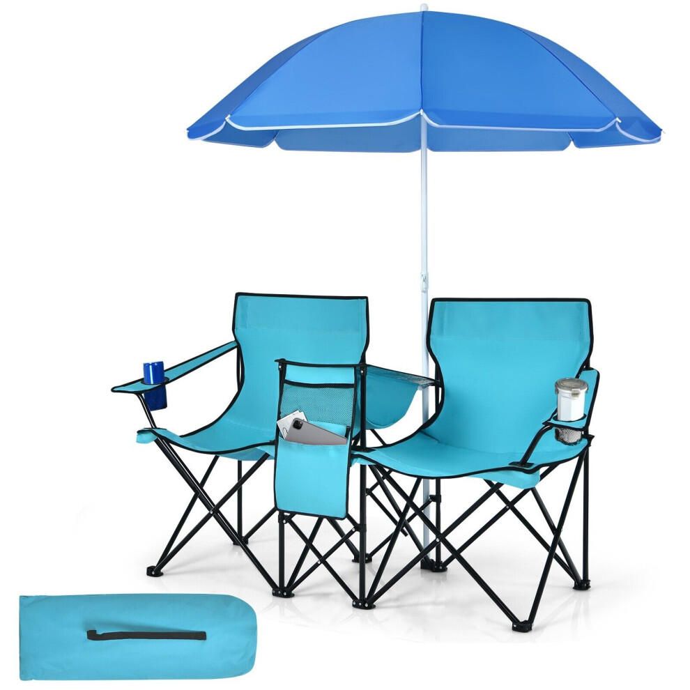 Casart Outdoor Portable Double Camping Chair Folding Picnic Chairs W/ Umbrella Ice Bag