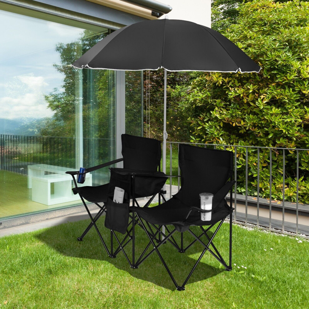 Casart Outdoor Portable Double Camping Chair Folding Picnic Chairs W/ Umbrella Ice Bag