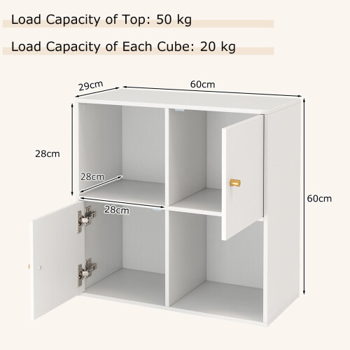 Casart 4-Cube Bookcase 3-Tier Bookshelf Storage Organizer w/2 Cabinets-White 1
