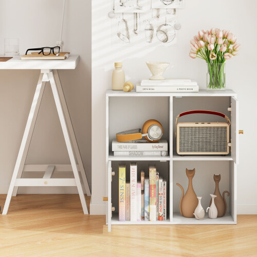 Casart 4-Cube Bookcase 3-Tier Bookshelf Storage Organizer w/2 Cabinets-White 2