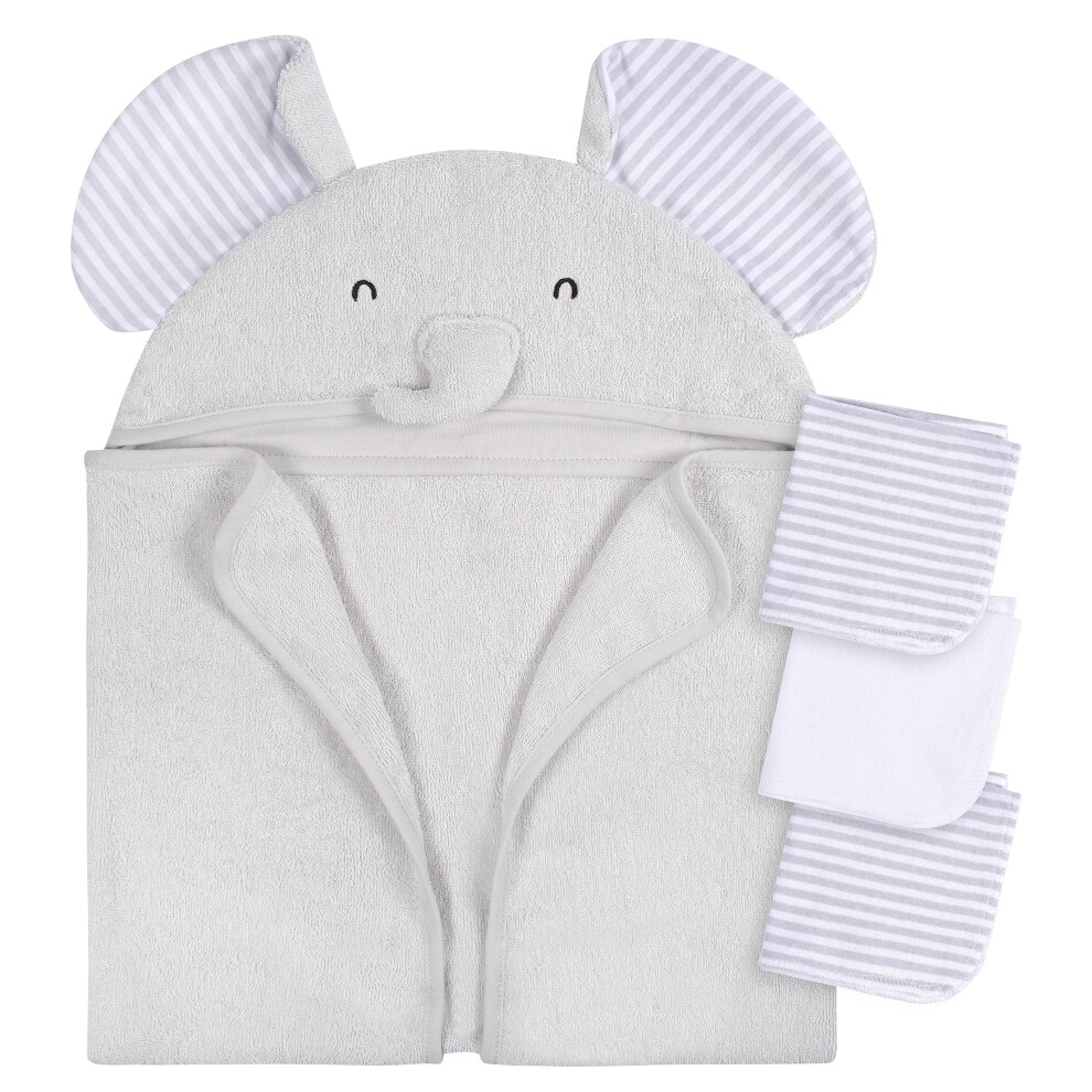 Gerber Baby 4 Piece Animal Character Hooded Towel and Washcloth Set  Grey Elephant  One Size