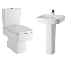 Optic Square Ceramic Bundle - Semi Flush to Wall Toilet Pan, Cistern & Soft Close Seat + 520mm Basin & Full Pedestal - Balterley