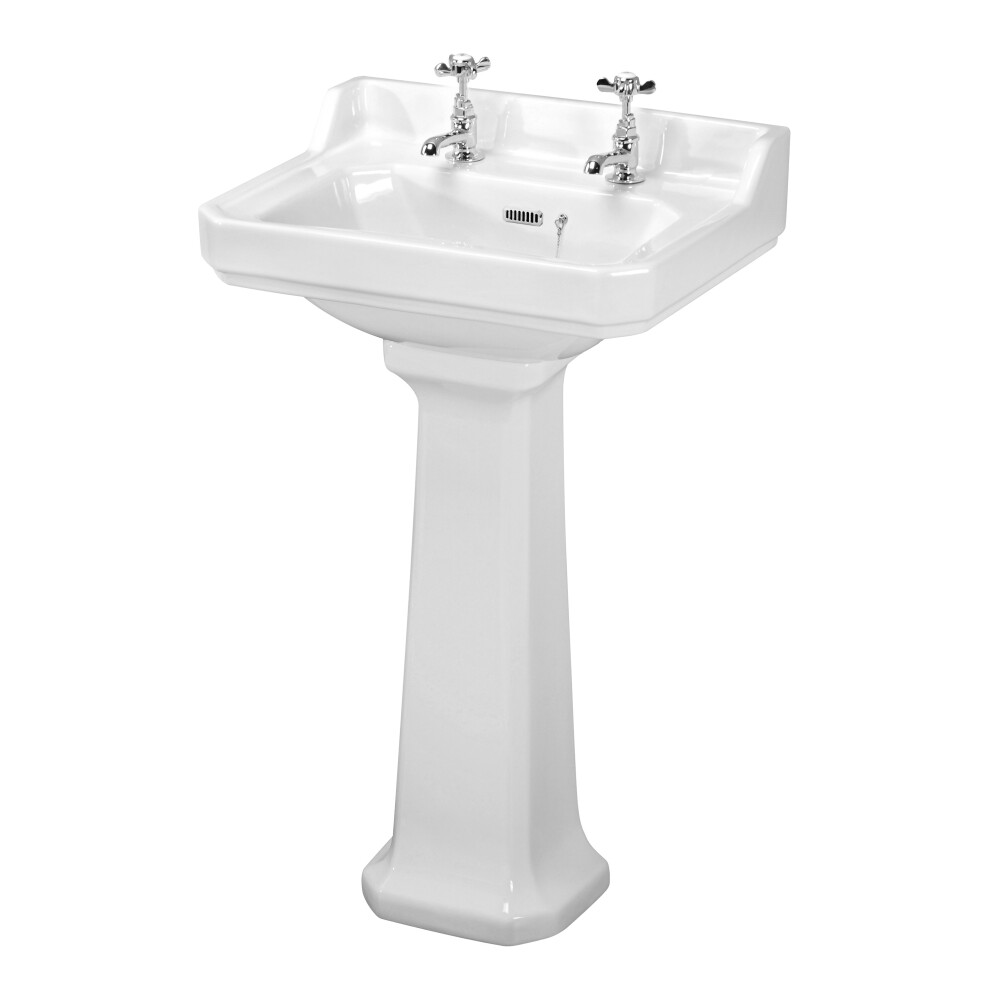 Traditional 2 Tap Hole Ceramic Bathroom Basin Sink & Full Pedestal - 560mm