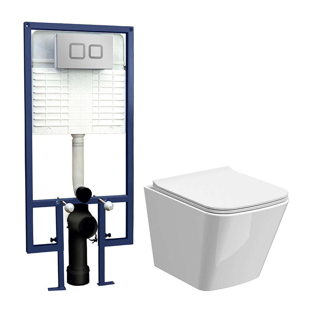 Faron Soft Square Wall Hung Toilet Pan, Soft Close Seat & Concealed Cistern with Square Push Button Plate, 325mm - Balterley