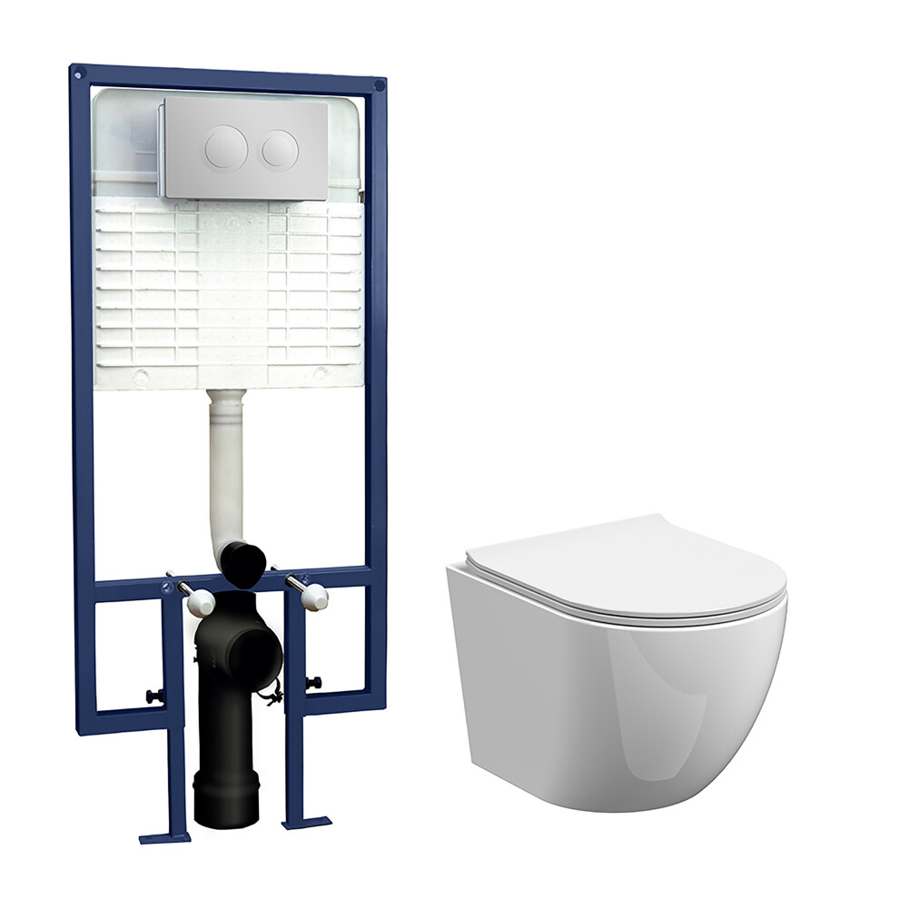 Quinn Round Wall Hung Toilet Pan, Soft Close Seat & Concealed Cistern with Round Push Button Plate, 323mm - Balterley