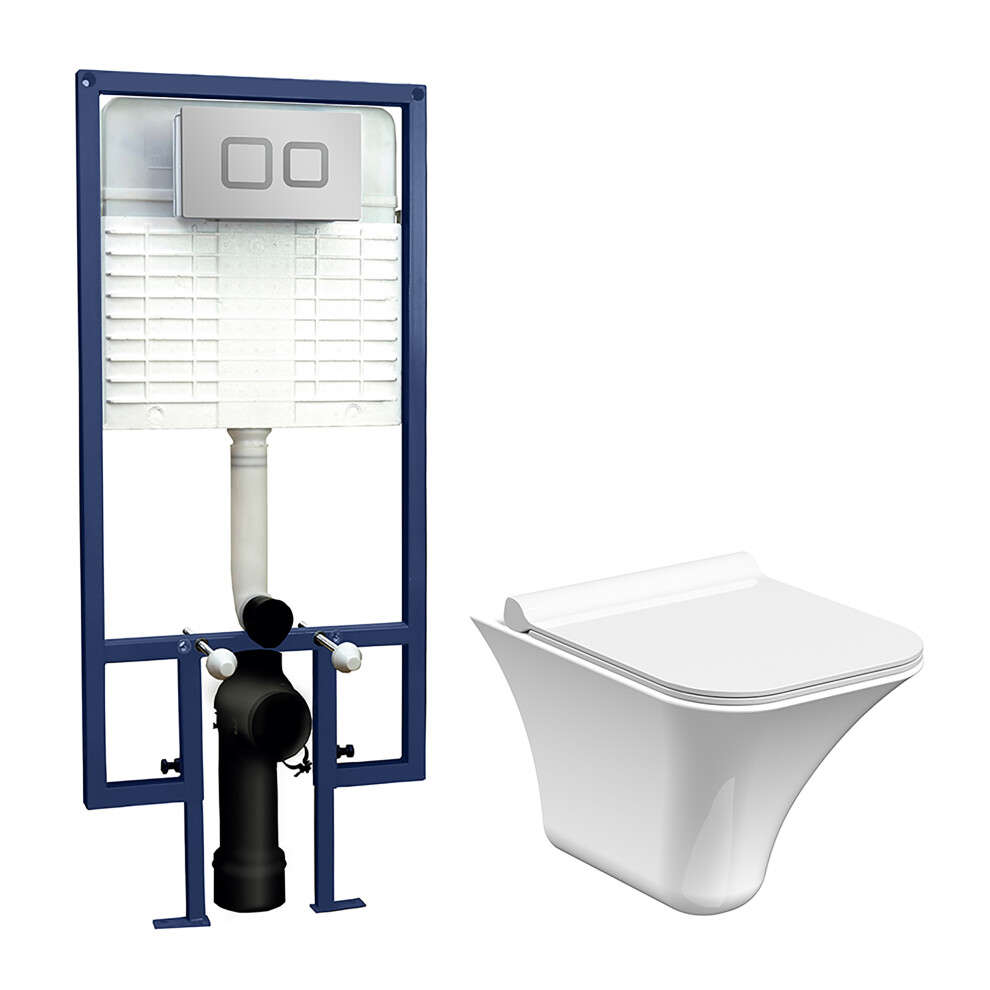 Summit Rimless Wall Hung Toilet Pan, Soft Close Seat & Concealed Cistern with Square Push Button Plate, 355mm - Balterley