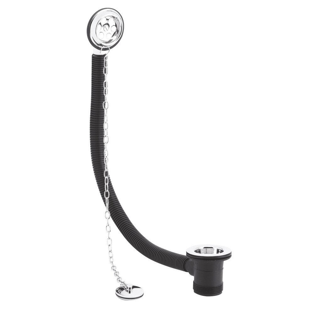 Round Bath Waste with Overflow, Brass Plug & Link Chain for Baths up to 20mm Thick - Chrome