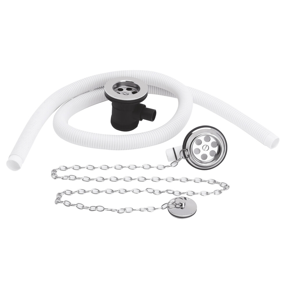 Extended Retainer Bath Waste with Overflow, Plug and Link Chain Waste for Baths up to 20mm Thick - Chrome