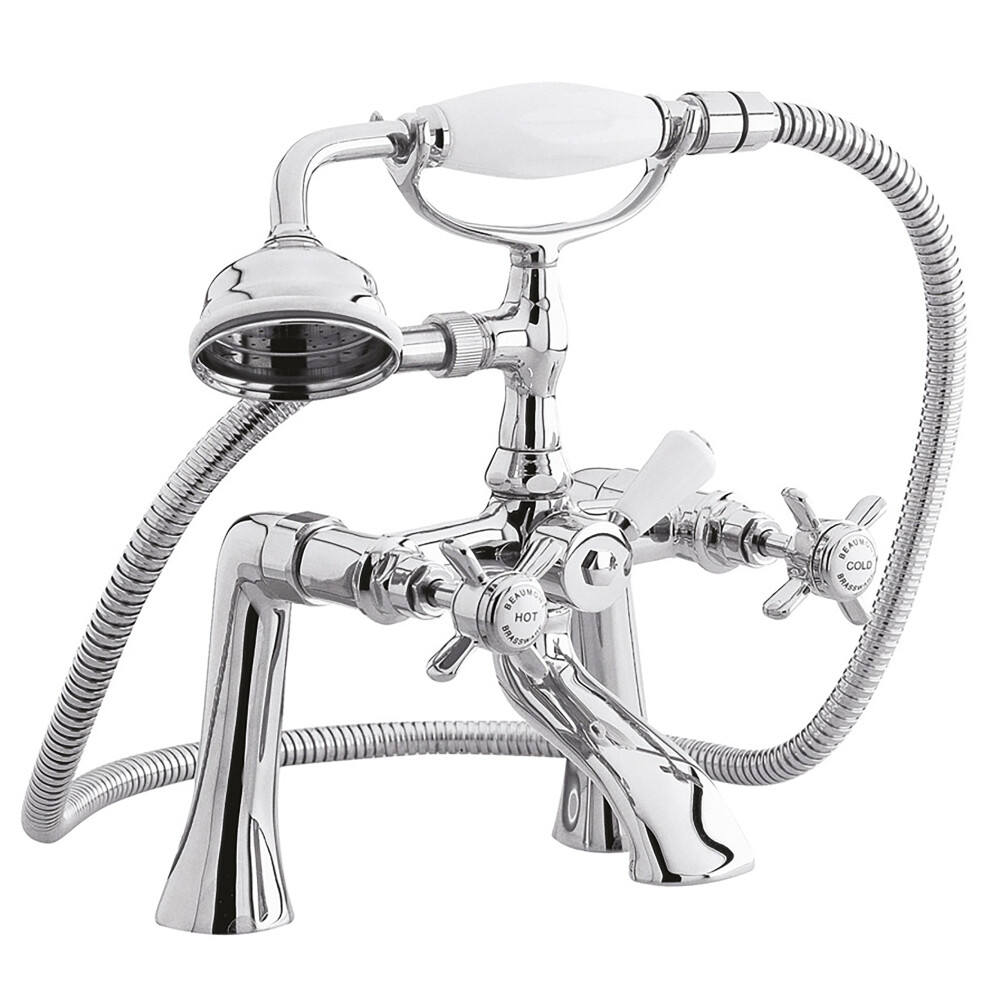 Traditional Deck Mounted 1/2 Inch Bath Shower Mixer Tap with Shower Kit - Chrome/White