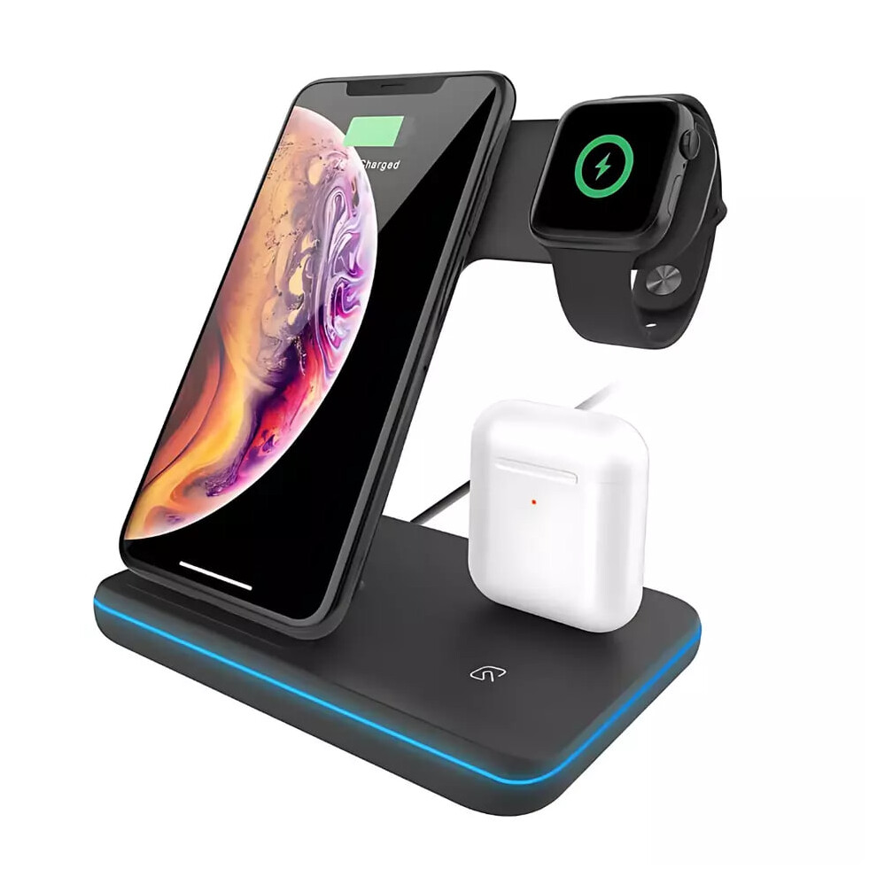(Black) 3-In-1 Fast Wireless Charging Dock Qi 15W - Iphone, Apple Watch, Airpods Black 5061023871997