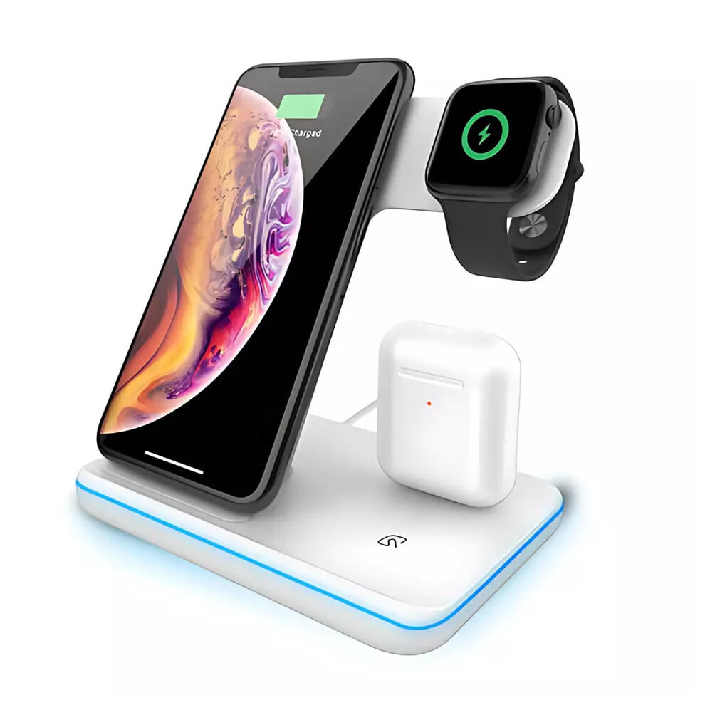 (White) 3-In-1 Fast Wireless Charging Dock Qi 15W - Iphone, Apple Watch, Airpods White 5061023871980