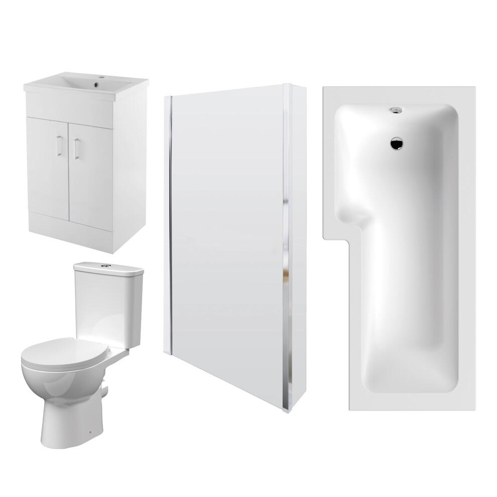 1700mm Bathroom Suite - L Shape Shower Bath, Front Panel, Shower Bath Screen, Vanity Basin Unit and Toilet with Seat - Gloss White