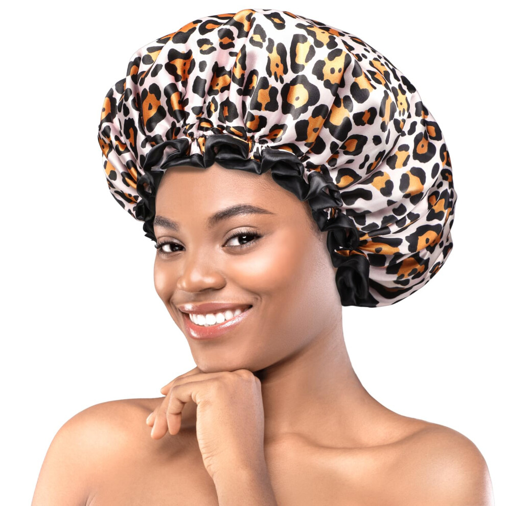 Mikikimini Mikimini Leopard Large Shower Caps Pack Of 2 Shower Cap For Women Lon
