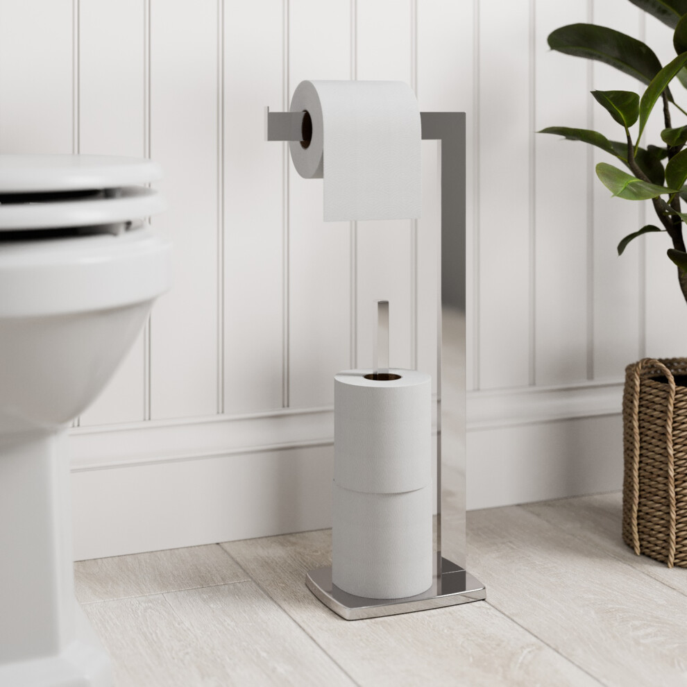 Purefino Chrome Freestanding Toilet Roll Holder Bathroom Paper Storage Holders