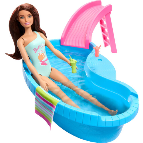 Barbie Κούκλα Barbie και Σετ Πισίνας, Καφέ με Μπικίνι Θαλασσί και Αξεσουάρ 1