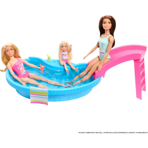 Barbie Κούκλα Barbie και Σετ Πισίνας, Καφέ με Μπικίνι Θαλασσί και Αξεσουάρ 2