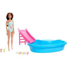 Doll Barbie e piscina piscina morena em mai    de uma pe   a azul do Seafoam com toalha de slide e acess   rios para bebidas da piscina