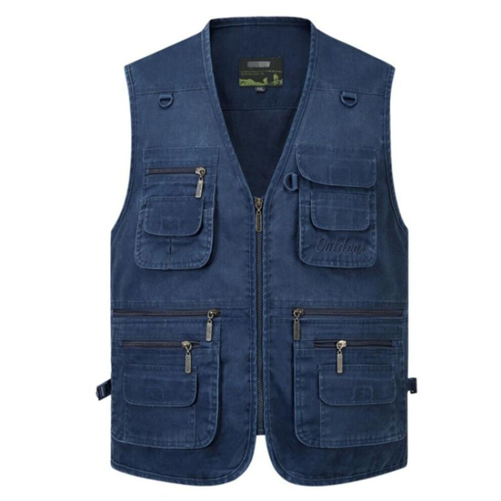 (blue, 8XL) Men's Vest Casual Jacket Spring And Autumn Loose Style Cotton Multi-pocket Zipper Windproof Coat Collarless Sleeveless Jacket For Man Size L-10XL