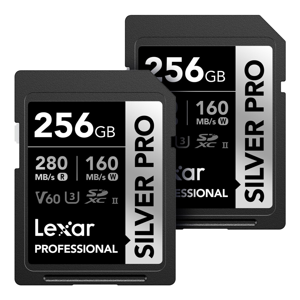 Lexar 256GB (2-PK) Professional SILVER PRO SDXC Memory Card  UHS-II  C10  U3  V60  Full-HD & 4K Video  Up To 280MB/s Read  for Professional