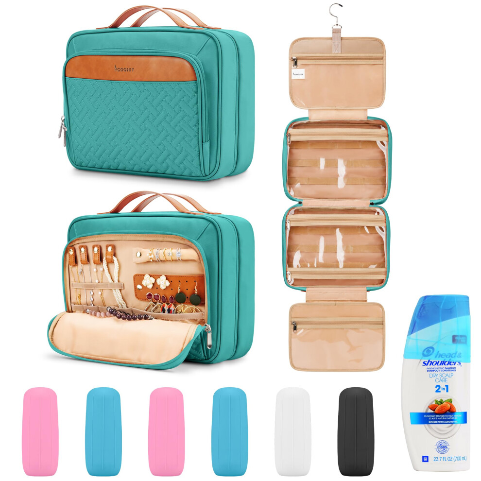 Travel Hanging Toiletry Bag for Women Large Makeup Bag 8 Leak Proofing Silicone Bottle Covers Waterproof Cosmetic Bag with Jewelry Organizer Compar-image-OPC-PFMVRZV-NEW