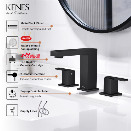 Faucet de Banheiro KENES Preto com 3 Furos, Acabamento Fosco, 2 Maneiras, 8 Polegadas 2