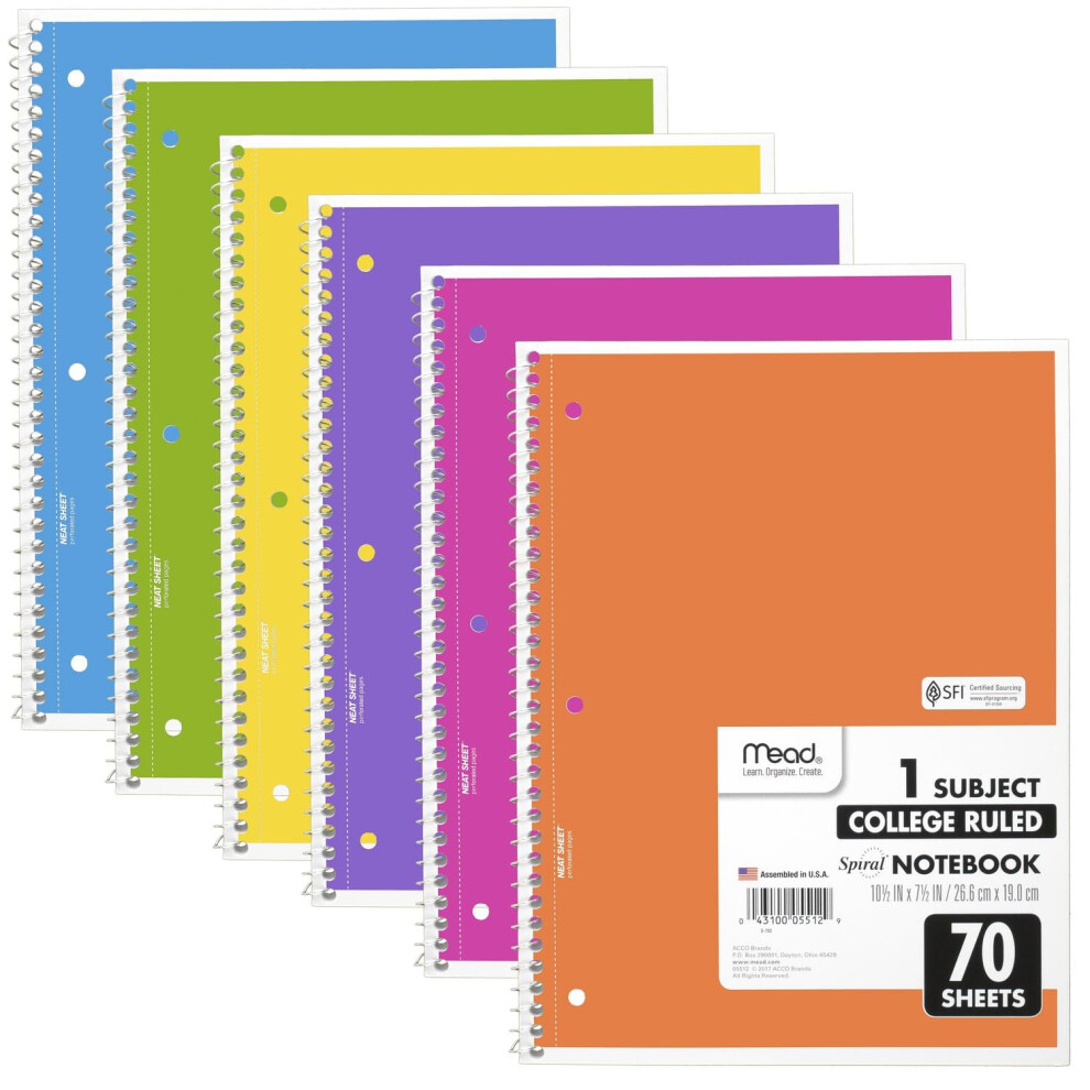 Mead Spiral Notebooks  6 Pack  1-Subject  College Ruled Paper  8 x 10-1/2  70 Sheets  Assorted Bright Colors 830050-ECM-image-OPC-PFY8K8F-NEW