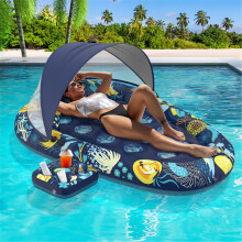 Sunikko X 3-in-1 Pool Floats Lounge aufblasbare Pool Floats fr Erwachsene mit Baldachin und Getrnkehalter im Blumenstern-Stil