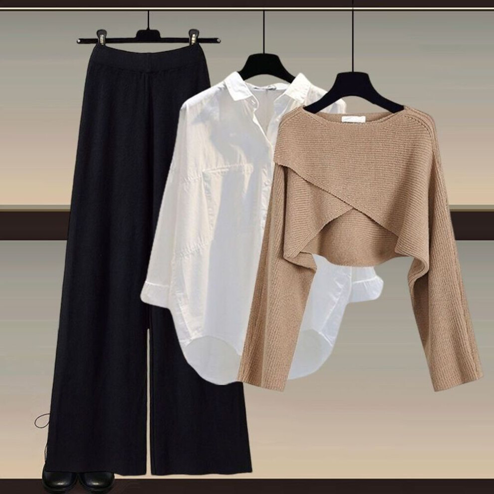 (coffee,black, S) Autumn And Winter Women&apos;s Knitted Sweater Three Piece Pants Loose Blouse Shirt Sweater And High Waist Wide Leg Pants Vintage Casual Three Piece S