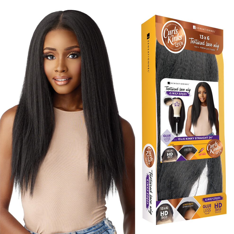 Sensationnel Unisex Kinky Edge 13X6 Lace Wigs Kinky Edge Straight 24Inch Glueless Synthetic Wig Ckco Kinky Edge Straight 24 Inch