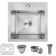 15 x 15 Inch Drop In Bar Sink  Small Kitchen Sink Single Bowl Topmount Bar Prep Sink 18 Gauge Stainless Steel Bar Sink with Grid