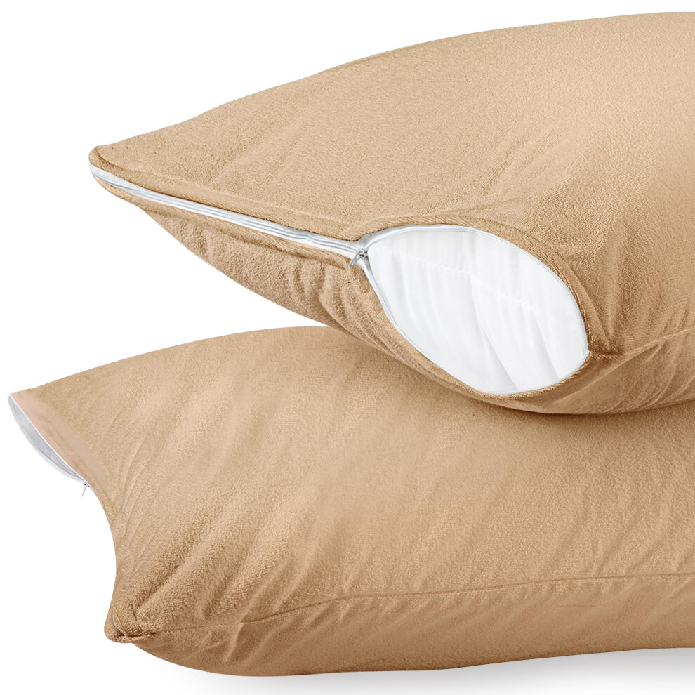 Lot de 2 prot   ge-oreillers imperm   ables avec fermeture    clair Utopia Bedding, taille standard, en tissu    ponge beige
