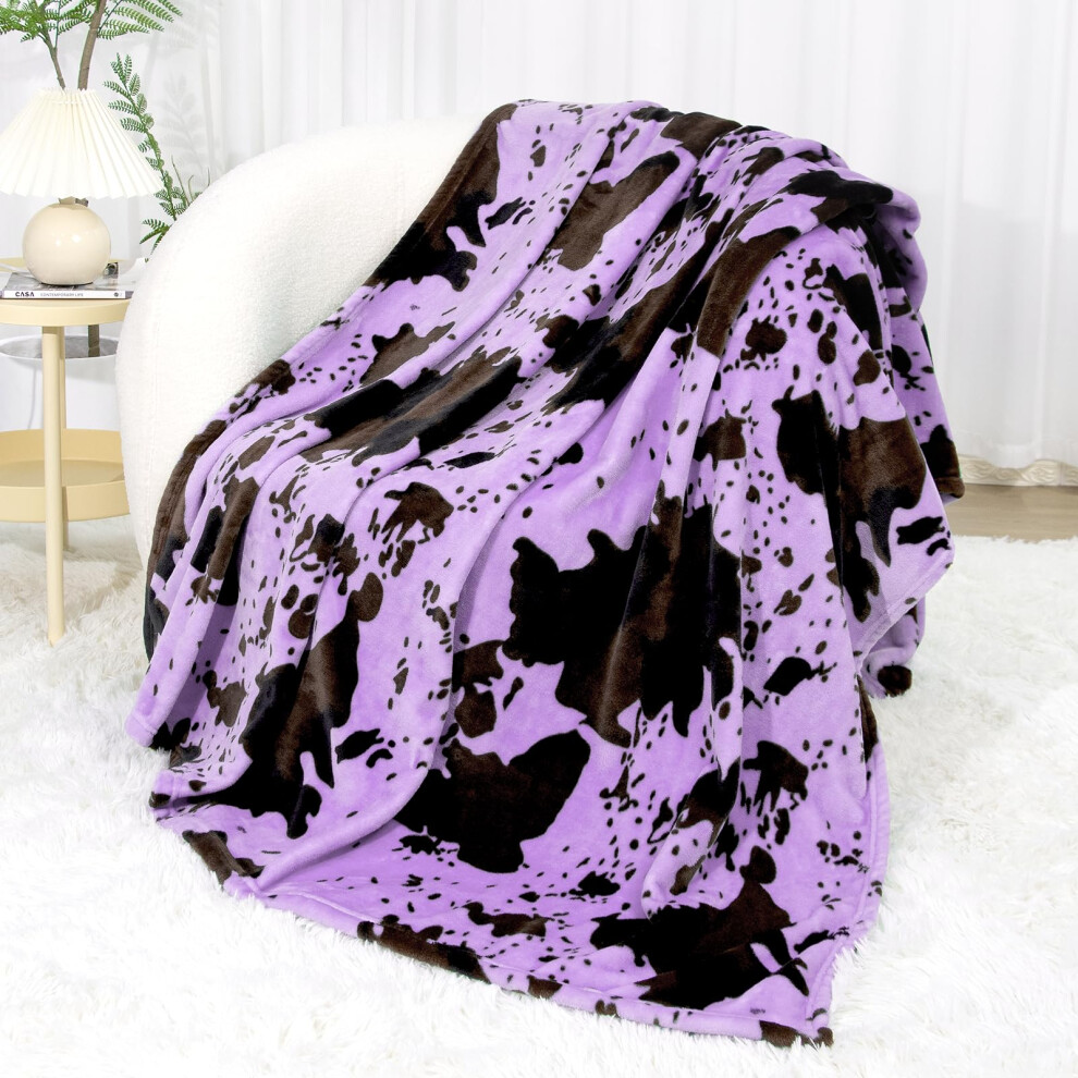 Th-Zien Girls Purple Soft Fleece Blanket Lavender Violet Fuzzy Throw Blanket Decor Stuff Cow Print Blanket For Cow Lovers Women Birthday