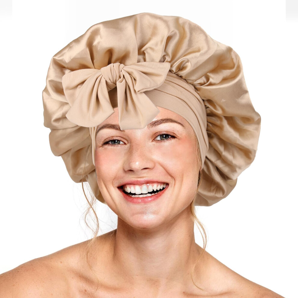 Bonnet en soie pour femmes endormies, bonnet en satin double   paisseur, bonnet pour cheveux avec   lastique r  glable pour cheveux boucl  s (dor  )