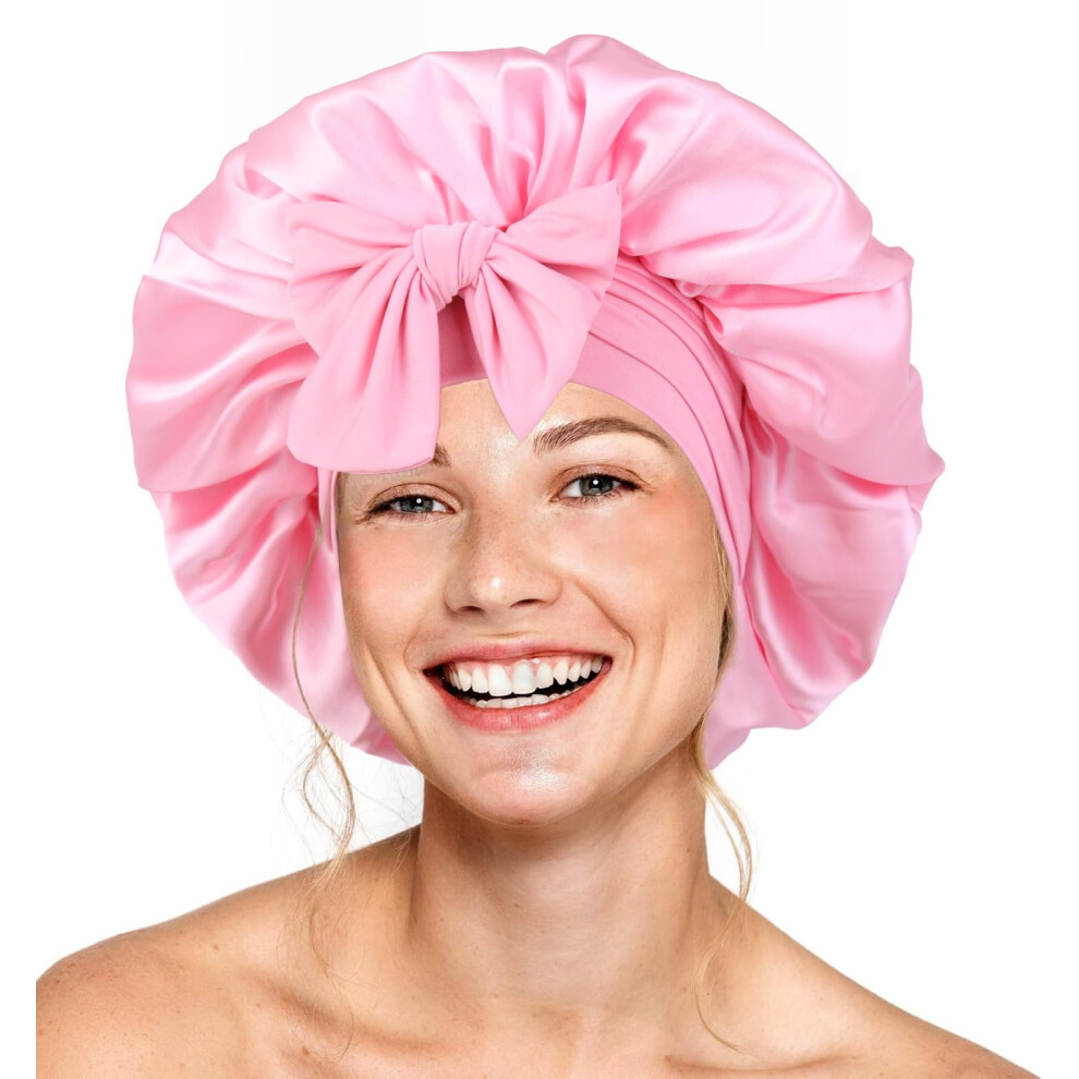 Bonnet en soie pour femmes endormies, bonnet en satin double   paisseur, bonnet pour cheveux avec   lastique r  glable pour cheveux boucl  s (rose)