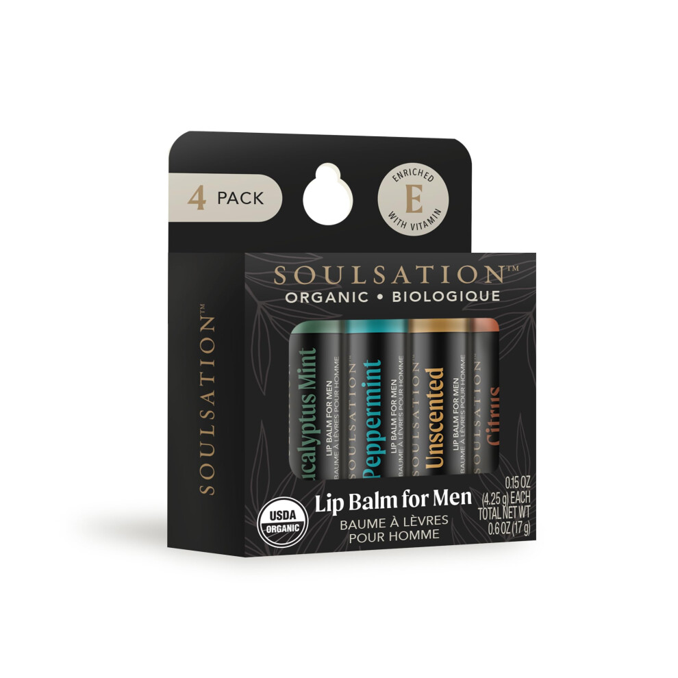 Soulsation Organic Lip Balm Set, 4 Flavors - For Men, Moisturizing For Cracked & Dry Lips